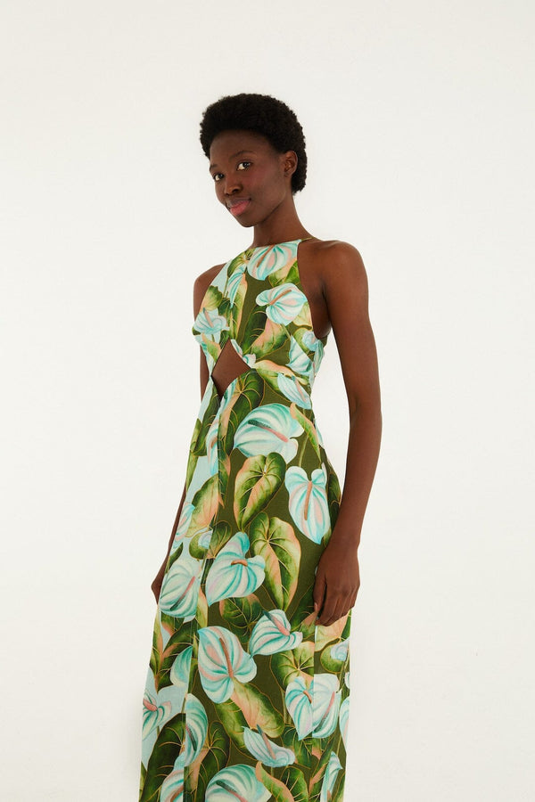 Farm Rio Anturium Leaves Green Midi Dress