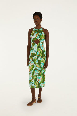 Farm Rio Anturium Leaves Green Midi Dress