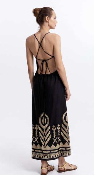 Greek Archaic Kori Feather Cross Straps Maxi Dress