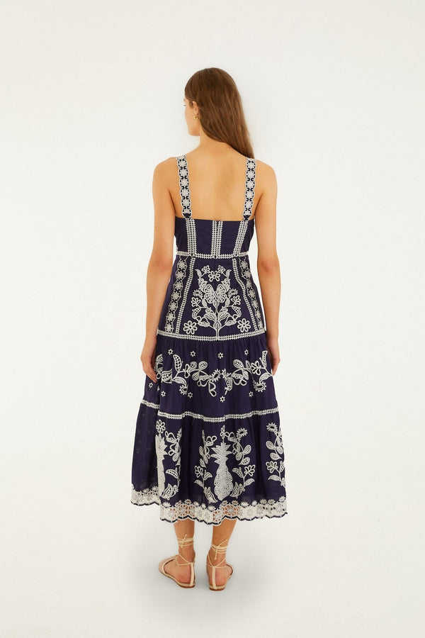 Farm Rio Blue And White Richillieu Midi Dress