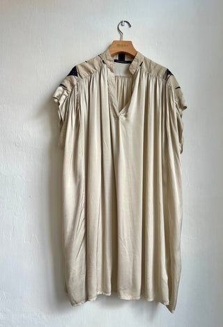 Beige short tunic dress with black embroidered shoulders