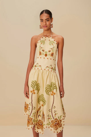 Delicate Forest Sand Richelieu Embroidered Midi Dress