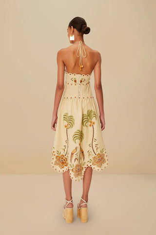 Delicate Forest Sand Richelieu Embroidered Midi Dress