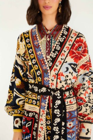 Flower Print Patchwork Knit Midi Cardigan