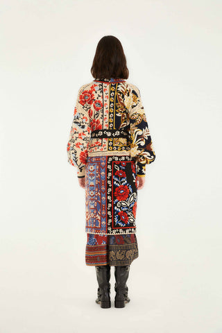 Flower Print Patchwork Knit Midi Cardigan