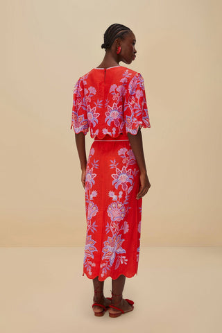 Porcelain Garden Red Midi Skirt