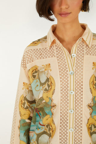 Farm Rio Royal Sea Multicolor Crochet Detail Shirt