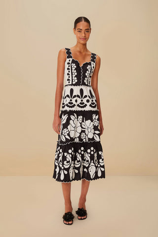 Summer Black and White Cutwork Midi Dress