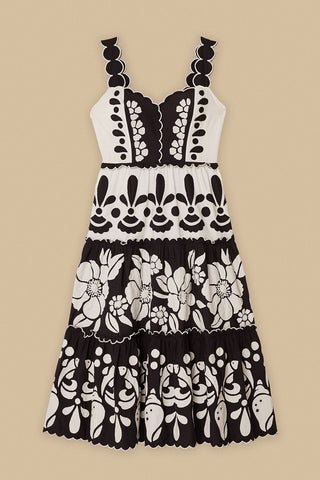 Summer Black and White Cutwork Midi Dress