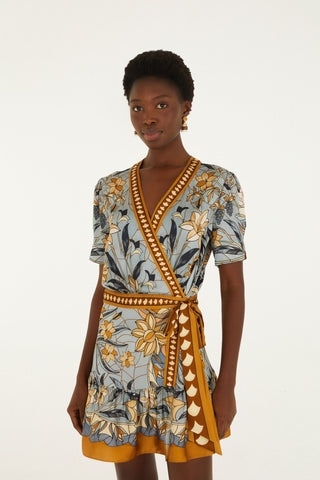 Farm Rio Stained Glass Beauty Blue Wrap Mini Dress